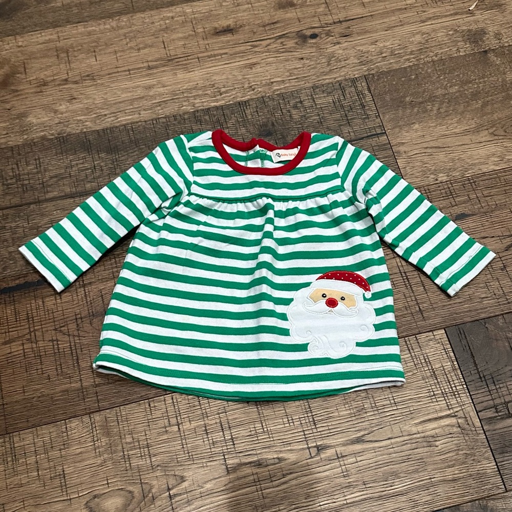 Green and White Striped Kids Shirt with Santa Design